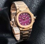 RRR Factory Patek Philippe Nautilus Cal.E 23-250SC Movement 32mm Voilet Lacquered Face Rose Gold Band/Bezel Women Watch